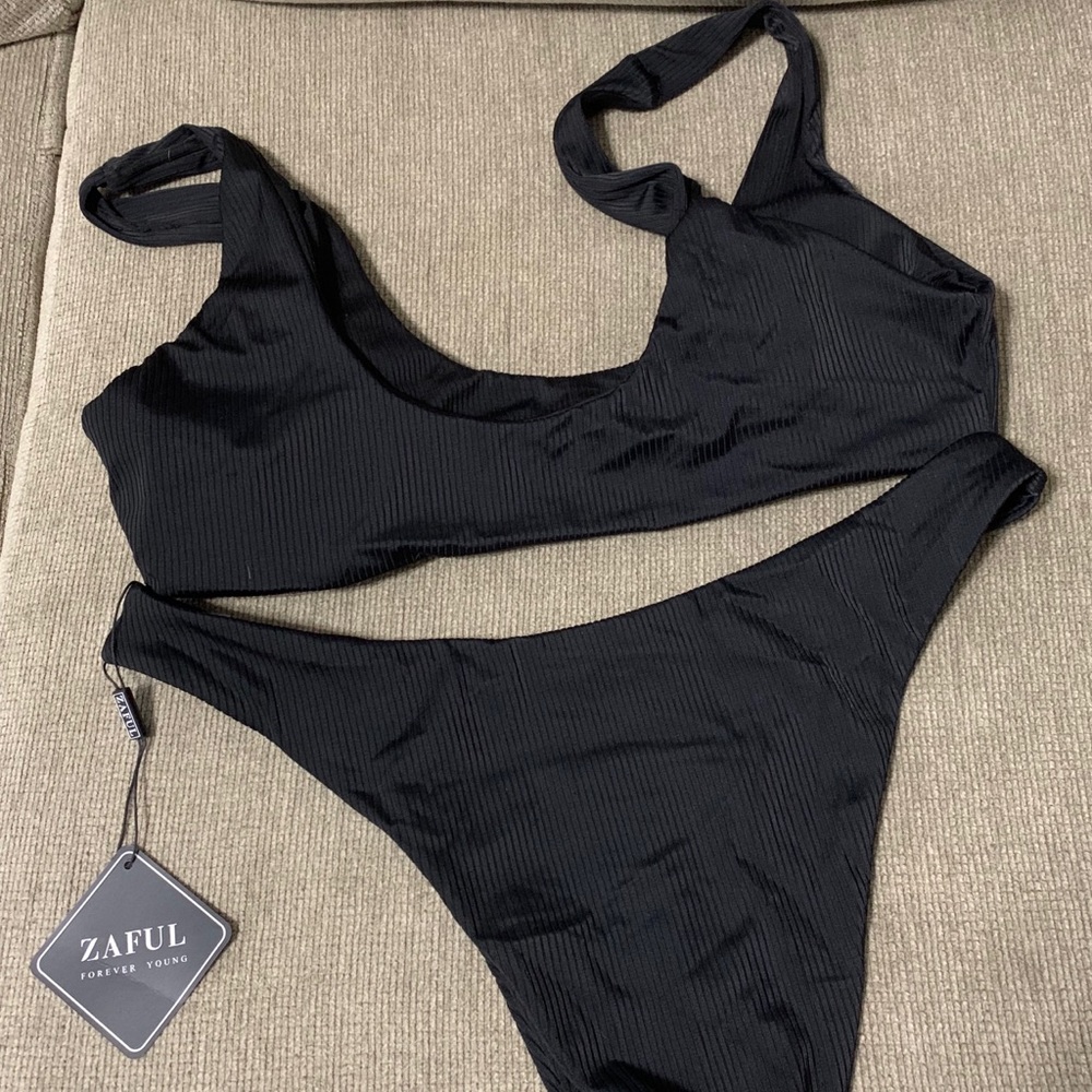 2 piece black ribbed and silky bikini set